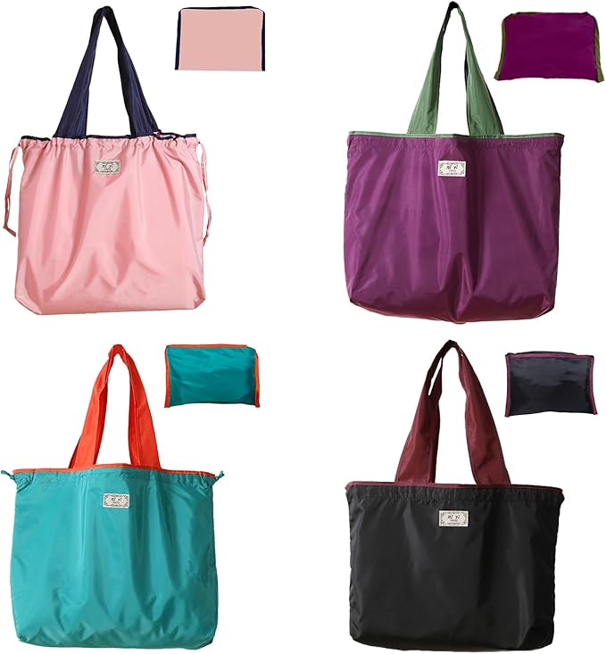 4PC Foldable Reusable Shopping Bags 210D Nylon Waterproof Travel Grocery Tote with Drawstring Mouth & Reinforced Handle