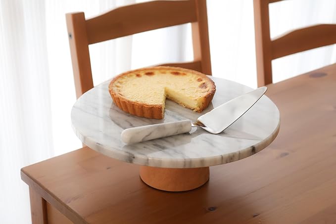 Marble Lazy Susan 12" with Wooden Base, Cake Stand, Rotating Tray, Cheese Board, Kitchen Turntable