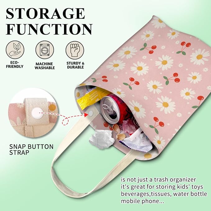 Car Trash Can, Cute Car Trash Bag, Hanging Car Organizer and Storage Bag, Trash Bin for Car Accessories, Vehicle, Travelling, Camping Cute Pink Daisy Cherry