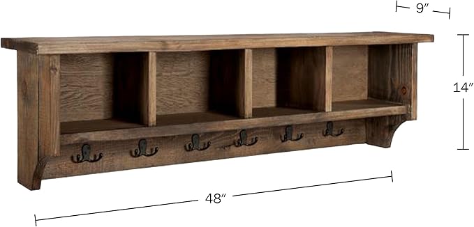 Alaterre Furniture Pomona Entryway Organizer – Rustic Farmhouse 48-Inch Wall-Mounted Coat Rack with 6 Double Hooks & 4 Open C