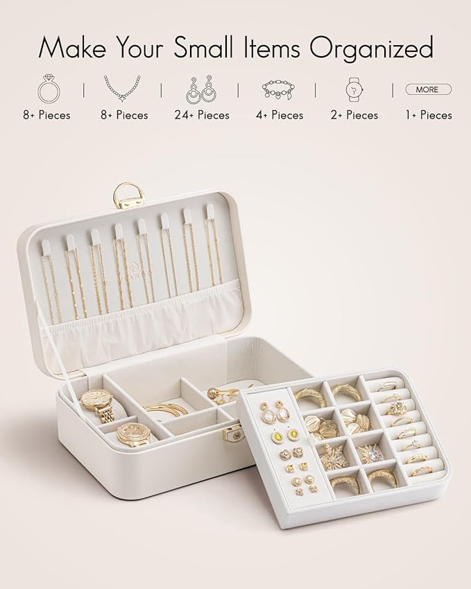 Vlando 2 Layer Jewelry Box,Jewelry Organizer Storage Lockable Earring Organizer Removable Jewelry Tray with Watch Pillow for 