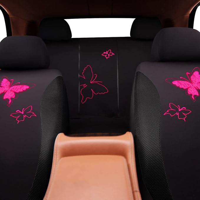 Flying Banner Butterfly car seat Covers ful Set Fashion Universal Lady Woman Female Rear Bench Split Colorized (Black Rose Re