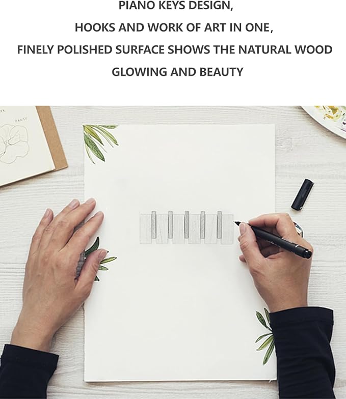 Wood Coat Rack Wall Mount - Large Walnut Piano Coat Rack wtih 5 Hooks for Hanging Clothes,Keys,Robes,Purse,Towels,Modern Deco