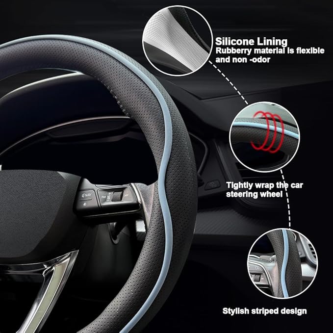 HAOTULE Leather Steering Wheel Cover， with Anti-Slip Stripe Design - Enhanced Grip, Fashion Style, Safe, Non-Slip, Breathable