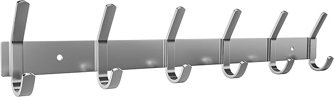 Coat Rack Wall Mount – Brushed Nickel 17 Inch Stainless Steel Hook Rail with 6 Heavy Duty Double Coat Hooks – Wall Mounted Co