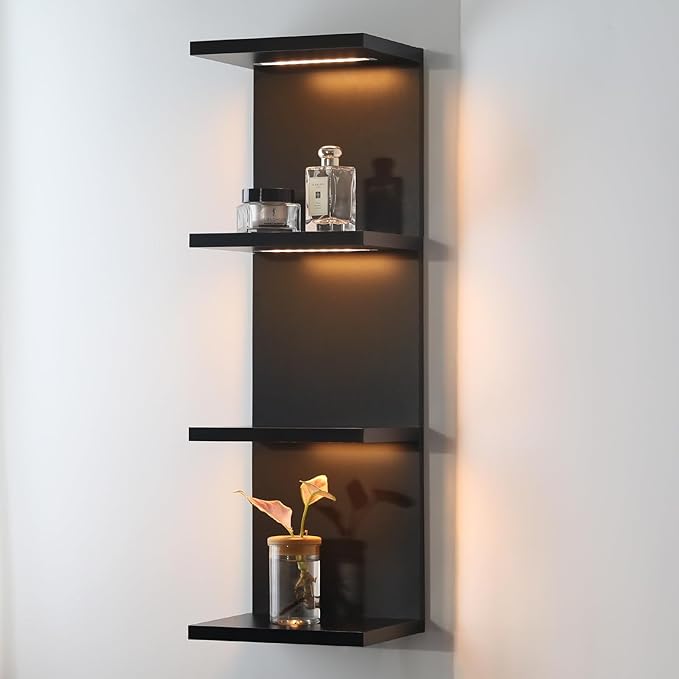 4 Tier LED Wall Shelf - Modern Floating Shelves for Makeup Vanity, Bedroom, Living Room | Easy Install Cosmetic & Display Lac