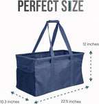 Extra Large Utility Tote Bag - Oversized Collapsible Reusable Wire Frame Rectangular Canvas Basket With Two Exterior Pockets For Beach, Pool, Laundry, Car Trunk, Storage - Navy Blue