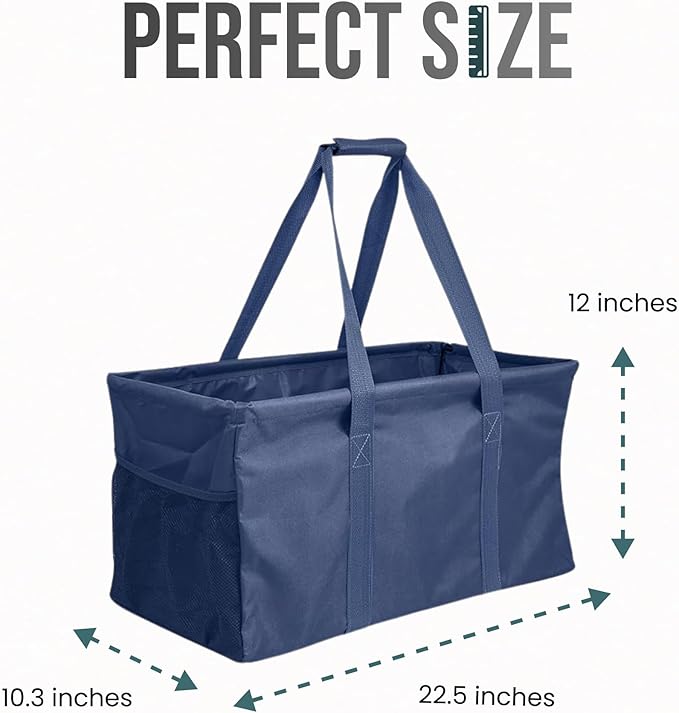Extra Large Utility Tote Bag - Oversized Collapsible Reusable Wire Frame Rectangular Canvas Basket With Two Exterior Pockets For Beach, Pool, Laundry, Car Trunk, Storage - Navy Blue