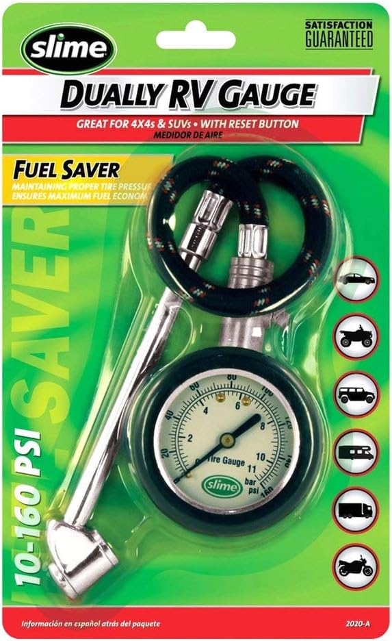 Slime 2020-A Tire Gauge, Dual Head, Dial Gauge with Hose, Tire Sensor Safe, 10-160 psi