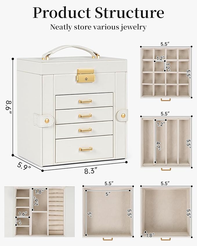 TORIBIO Jewelry Box for Women, Leather Jewelry Organizer with Mirror & Lock, 5-Tier Jewelry Storage Organizer with 4 Drawers 