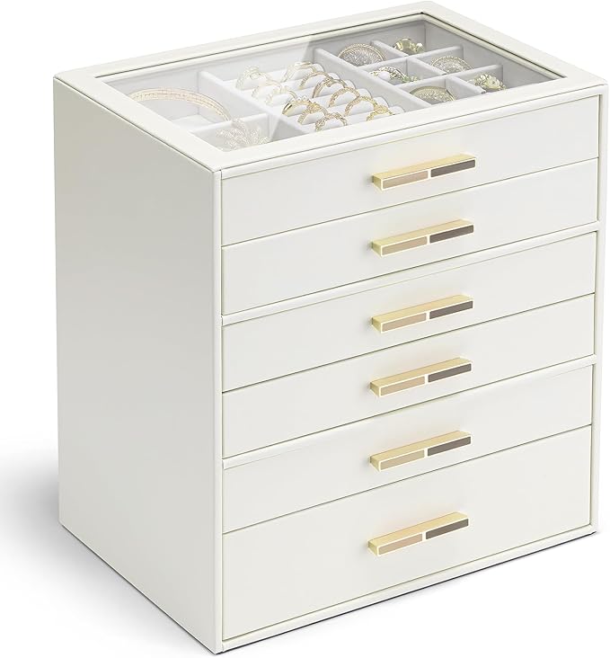 VLANDO 6 Layer Jewelry Box for Women, Glass Lid Jewelry Organizer with 6 Drawers for Necklaces Rings Earrings Bracelets - Clo
