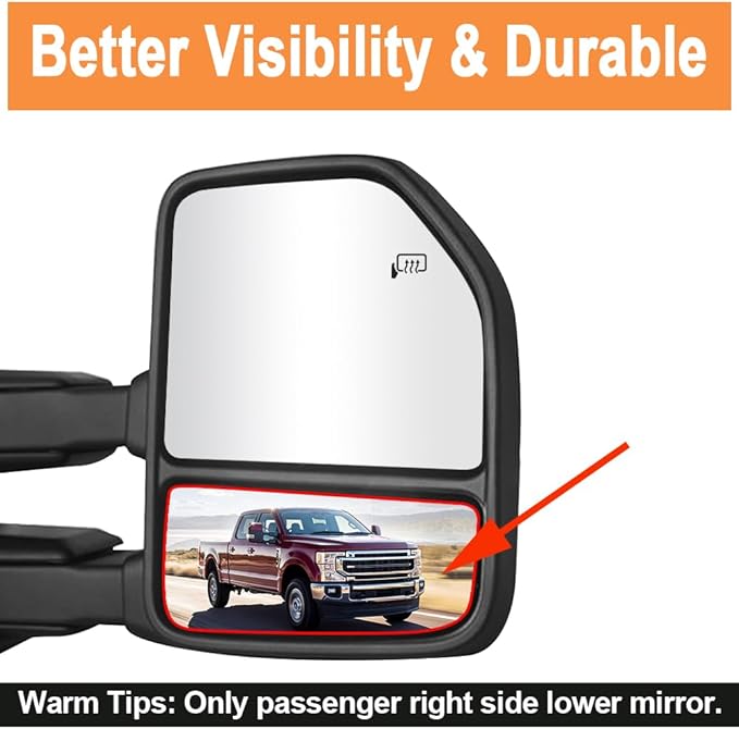 Senzeal Passenger Side Heated Lower Mirror Glass Replacement for Ford F150 Truck 2015-2020 Ford F250 F350 Super Duty F450 F550 Truck 2017-2022 Towing Mirror FL3Z17K707J (Right Side)