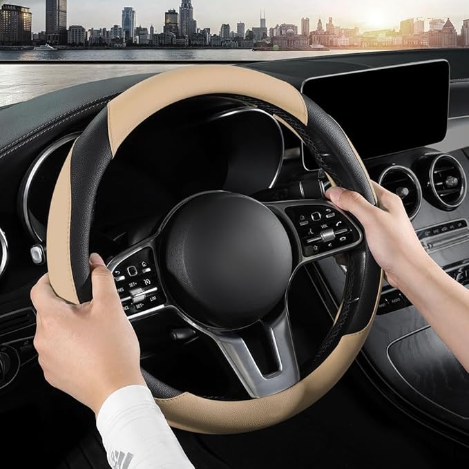Car Steering Wheel Cover, Microfiber Leather Steering Wheel Cover Universal Fit 14.5-15 inch Anti-Slip Comfortable Breathable