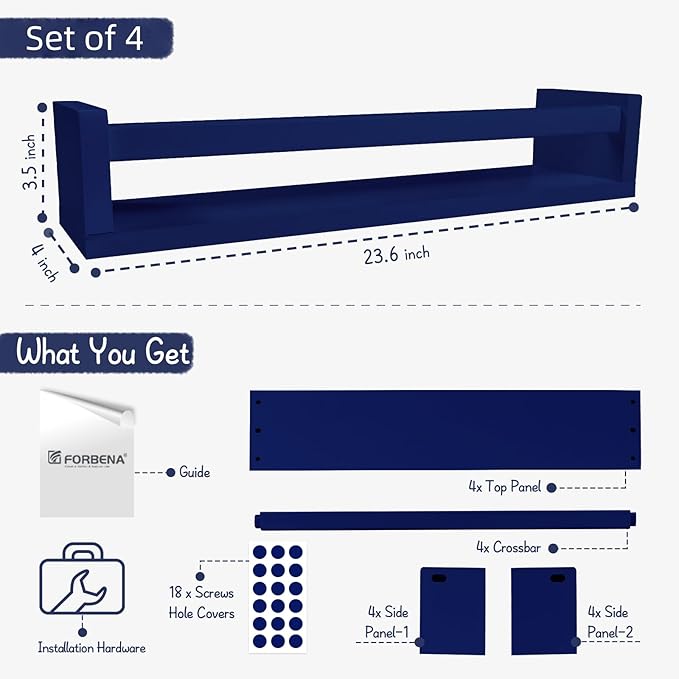 Forbena Wall Book Shelf Organizer for Kids Room Set of 4, Large Floating Book Shelves for Boy Nursery Wall Deocr, 24 Inches W