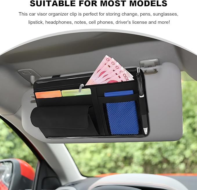 Car Sun Visor Organizer, Soft Leather Auto Sunshade Glasses Storage Bag with Multi-Pocket Net Zipper, Scratch-Resistant Vehicle Visor Pocket Eyeglasses Case Note Holder (Black)