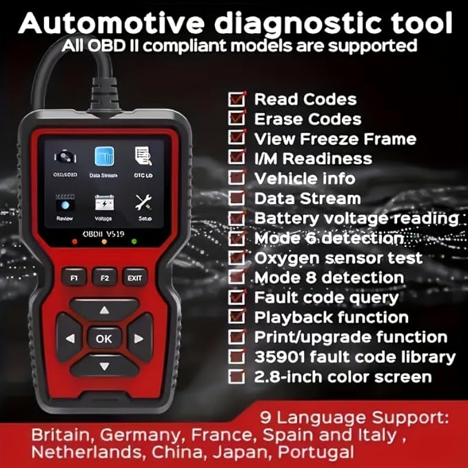 V519 OBD2 Scanner Diagnostic Tool, Car Code Reader with 35,901 Built-in DTC Lookup, Check Engine Light Reader, Live Data, I/M