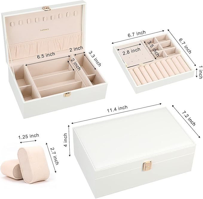 LANDICI Jewelry Box Organizer for Men Women, 2 Layer 4 Slot Watch Storage Case with Removable Tray, PU Leather Large Jeweller