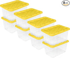 Sterilite 8-Pack 27 Gallon Industrial Tote, Clear Plastic Storage Container Bins with Yellow Lids - Heavy-Duty Organizing Con
