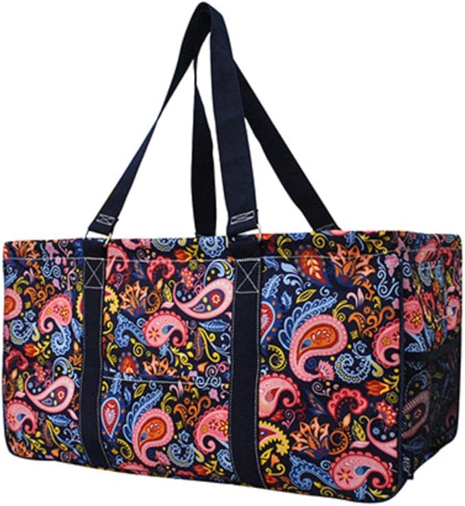 NGIL Extra Large Utility Tote Reusable Grocery Bag Oversized Collapsible for Groceries, Storage, Picnic, Beach (Paisley Perfection-Navy)