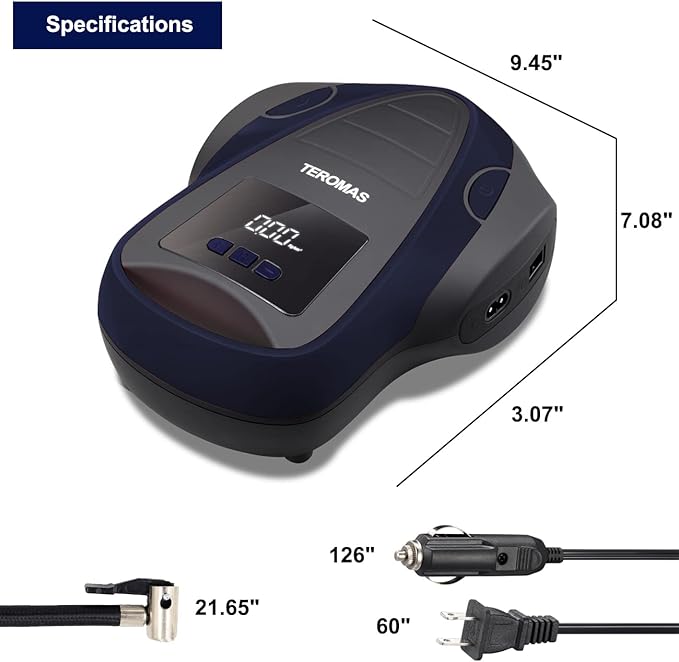 TEROMAS Tire Inflator Portable Air Compressor, Air Pump DC/AC for Car Tires 12V DC and Other Inflatables at Home 110V AC, Digital Electric Tire Pump with Pressure Gauge(Blue)