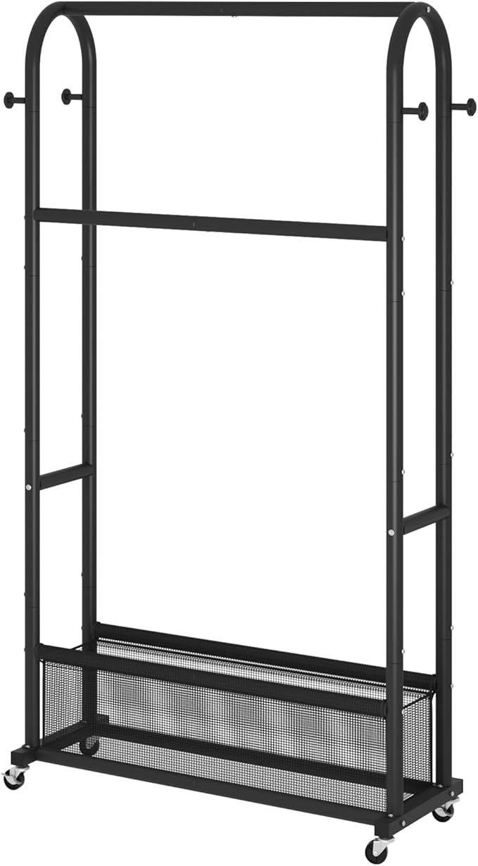 MOYIPIN Double Rods Clothing Rack with Wheels,Clothing Organizer for Hanging Clothes Coat Scarves Bags,Multi-functional Bedro