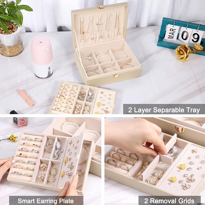 Voova Jewelry Box Organizer for Women Girls, 2 Layer Large Men Jewelry Storage Case, PU Leather Display Jewellery Holder with
