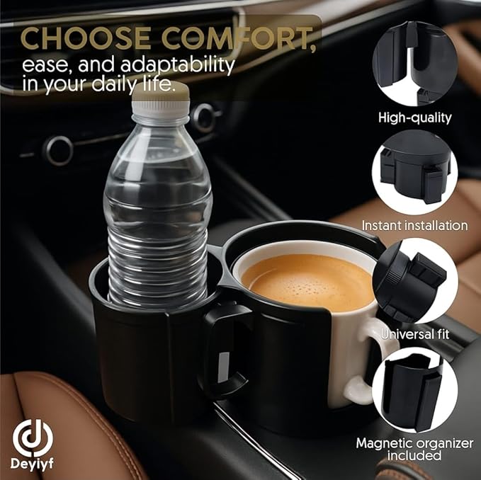 Car Cup Holder Expander - 2 in 1 Adjustable Cup Holder Adapter Set with Magnetic Bottle Mount Accessory - Fits Big Cups and L
