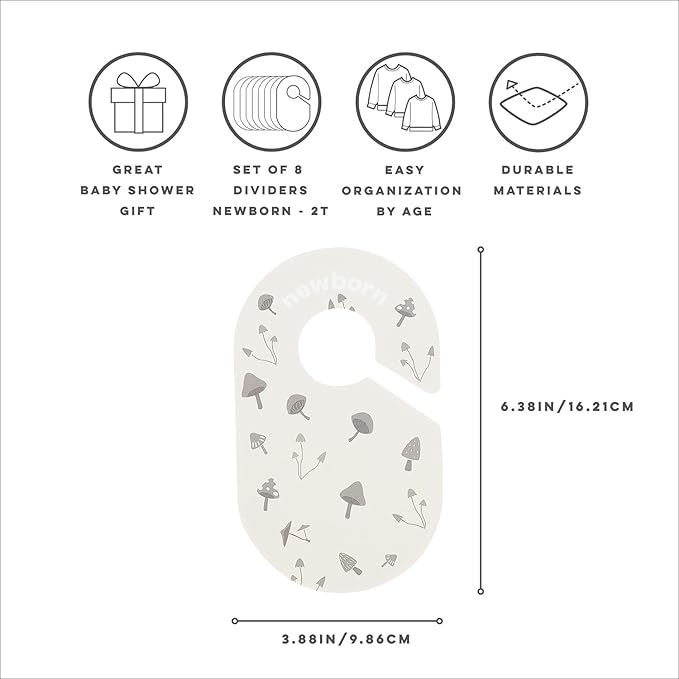 3 Sprouts Baby Closet Dividers 8-Piece Set Newborn to 2T - Double-Sided Organizer for Nursery Clothing Storage - Mushroom