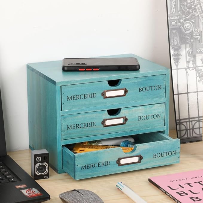Wooden Storage Box Rustic Desktop Organizer with 3 Drawers Office Desk Accessories Shelf Small Craft Storage Containers Apoth