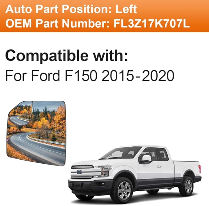 Senzeal Driver Side Heated Mirror Glass Replacement for Ford F-150 2015 2016 2017 2018 2019 2020 with Blind Spot Mirror Replace FL3Z17K707L (Left Side)