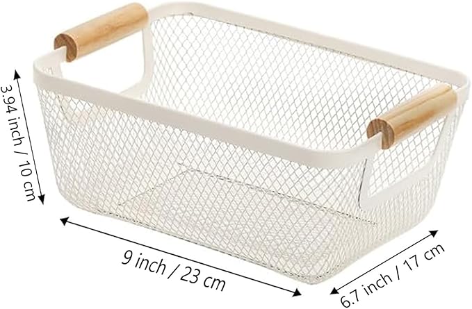 AJIODA Metal Mesh Steel Basket, Small Wire Storage Organizer Basket Multi-function Hanging Kitchen Basket with Wood Handle fo