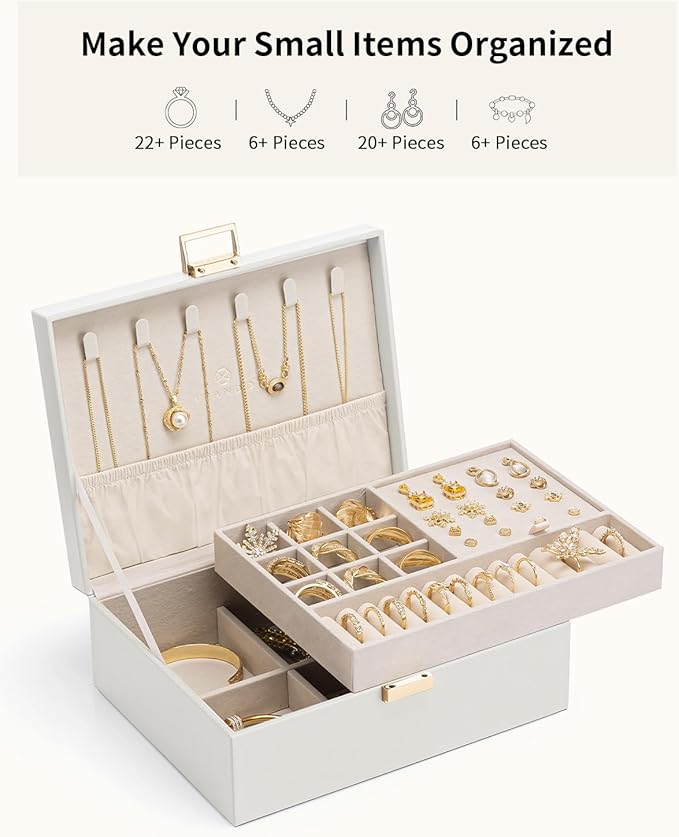 VLANDO Jewelry Box for Women, Gift for Women Girls,2 Layer Jewelry Box,Large Jewelry Organizer for Women Removable Jewelery T