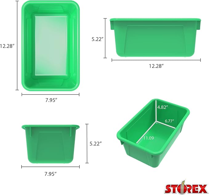 Storex Small Cubby Bins – Plastic Storage Containers for Classroom with Non-Snap Lid, 12.2 x 7.8 x 5.1 inches, Green, (62409U
