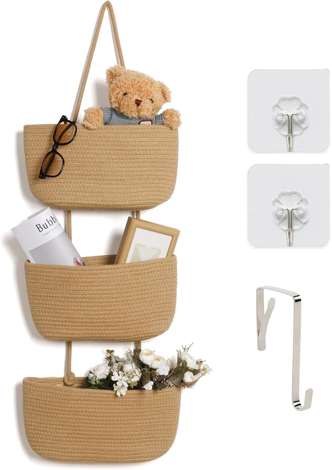 ANTIS'S HOME Over The Door Organizer Hanging Basket, 3-Tier Woven Cotton Wall-Mounted Nursery Storage Organizer Bag Boho Deco