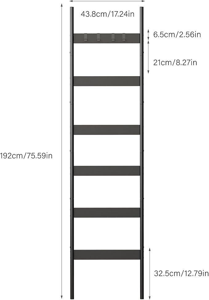 Blanket Ladder, 6-Tier Towel Holder with 4 Removable Hooks, Farmhouse Wall Leaning Decorative Rack Shelf, Wooden Towel Displa