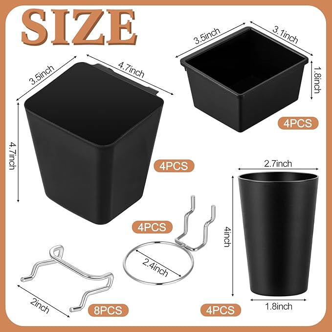 Jinei 12 Pcs Pegboard Bins and Cups with Hooks and Loops Peg Assortment Organizer Accessories Various Tool Organizer Pegboard