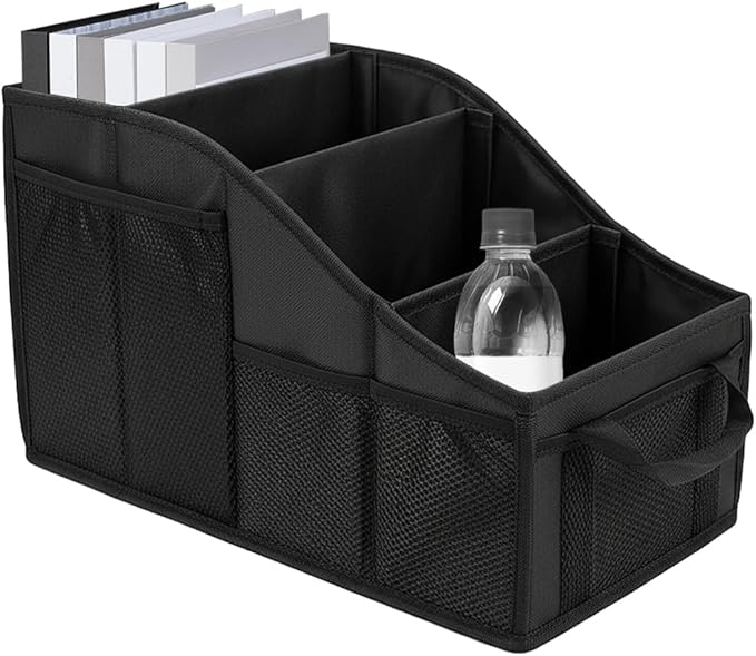 Car Seat Organizer, Collapsible Passenger Seat Organizer with 4 Compartments & 7 Mesh Pockets, Auto Front/back Seats Storage Box, Vehicle Travel Organize Accessory for Kids, Adults (Black)