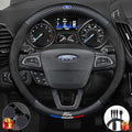 Customized Steering Wheel Cover Compatible with Ford, Nappa Leather & Carbon Fiber Design Car Steering Wheel Cover, with Coasters and 3-in-1 USB Fast Charging Cable (Black)
