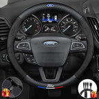 Customized Steering Wheel Cover Compatible with Ford, Nappa Leather & Carbon Fiber Design Car Steering Wheel Cover, with Coasters and 3-in-1 USB Fast Charging Cable (Black)