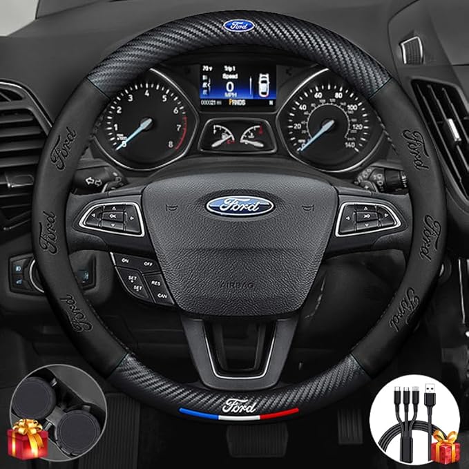 Customized Steering Wheel Cover Compatible with Ford, Nappa Leather & Carbon Fiber Design Car Steering Wheel Cover, with Coasters and 3-in-1 USB Fast Charging Cable (Black)