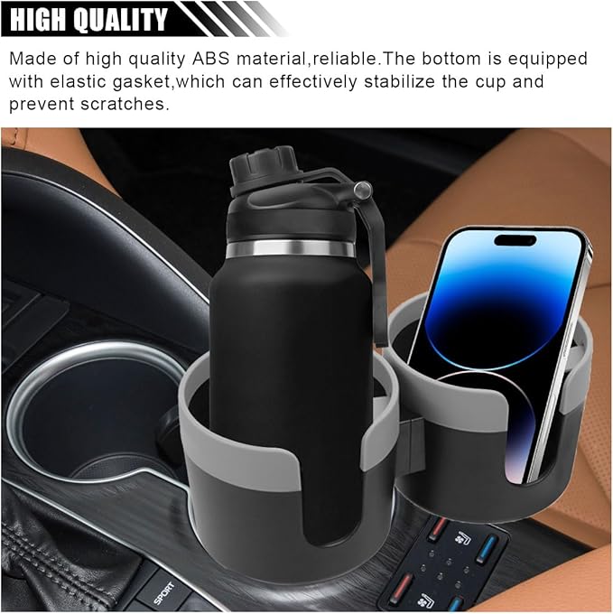 Car Double Cup Holder Extender, 2-in-1 Car Cup Holder Adapter with Adjustable Base, Universal Multifunctional Cup Holder Organizer for Beverage, Snack, Cup, Bottle Storage (Grey)