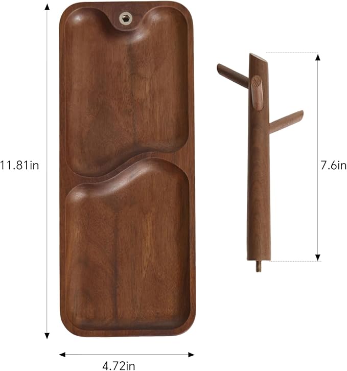 Black Walnut Solid Wood Key Dish Bowl for Entryway Table Square Tray With 3 Hooks, Open Storage for Keys, Wallet, Jewelry (Wa