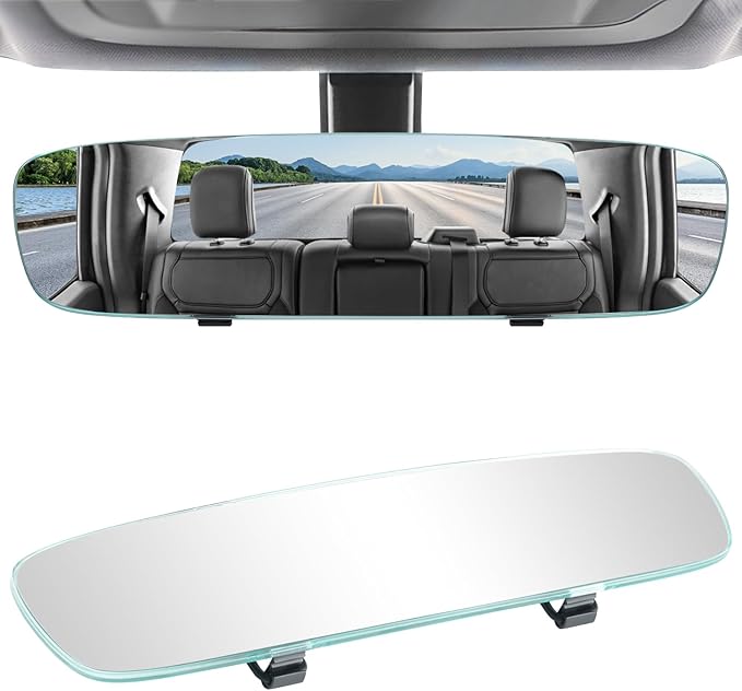 LivTee Rear View Mirror, Universal 12" (305mm) Wide-Angle Panoramic Convex Rearview Mirror with Clear Slim Frame, Strap-On Design Fits Original to Reduce Blind Spots for Cars SUVs Trucks