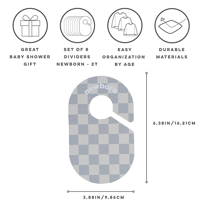 3 Sprouts Baby Closet Dividers 8-Piece Set Newborn to 2T - Double-Sided Organizer for Nursery Clothing Storage - Checkerboard