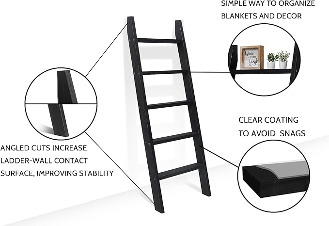 FUIN 5ft (58") Wood Blanket Ladder Living Room Decorative Wall Leaning Farmhouse Quilt Display Holder Shelf Rustic Wooden Tow