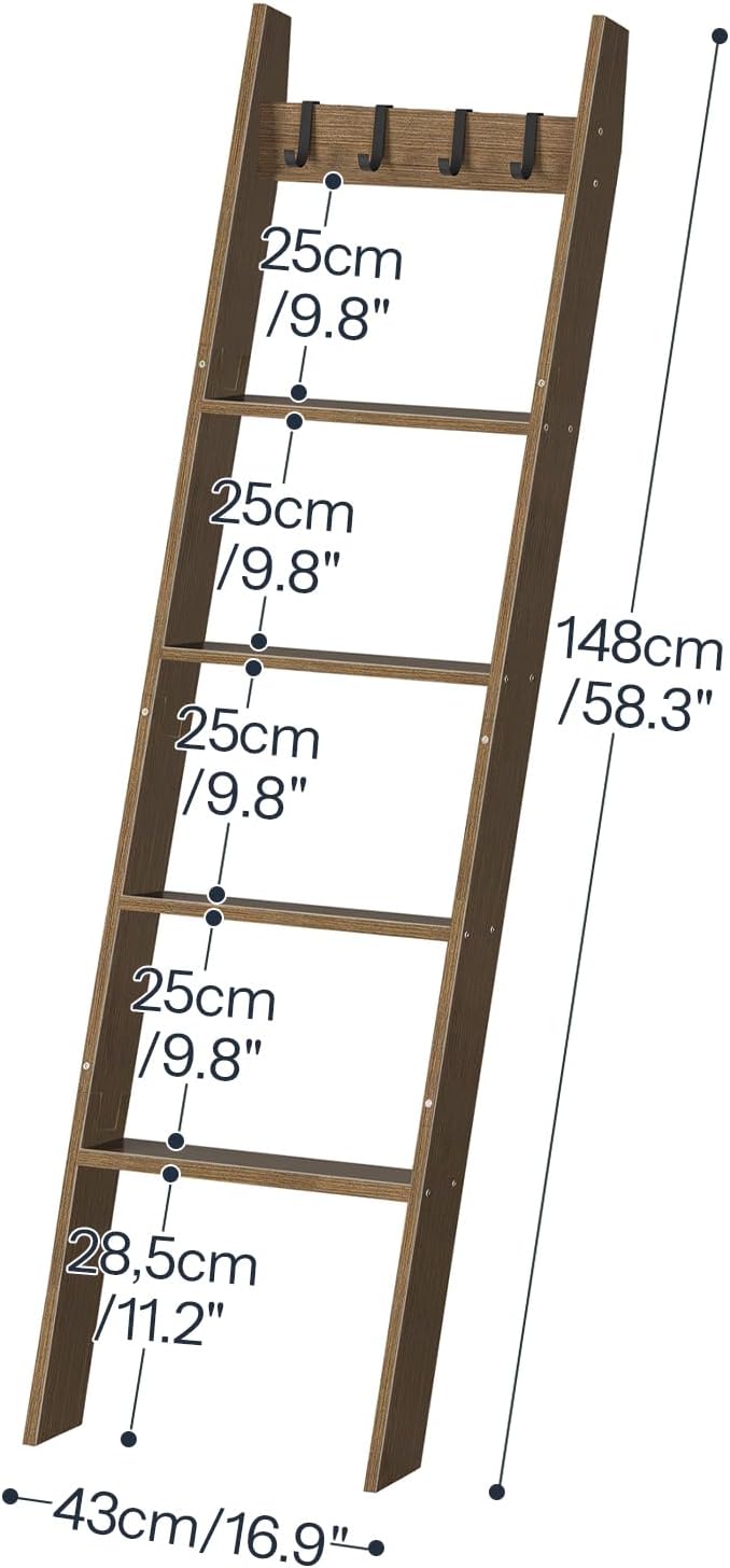 HOOBRO Blanket Ladder for Living Room and Bedroom, 5-Tier Wall Leaning Towel Rack for Bathroom, Decorative Ladder Shelf with 