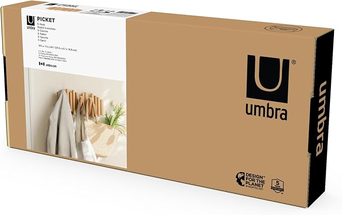 Umbra Picket Wall-Mounted Coat Rack Rail Hook with 5 Retractable Wood Pegs – Modern, Space-Saving Storage Organizer, Natural 