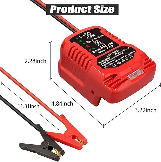 Jumper Start for Milwaukee Battery 18V for M18 Li-ion, Car Jump Starter Cables Adapter for 12V Car Up to 3.5L Gas or 3.5L Diesel Engine, with 11AWG Cable and Clamp Kit (Battery Not Included)