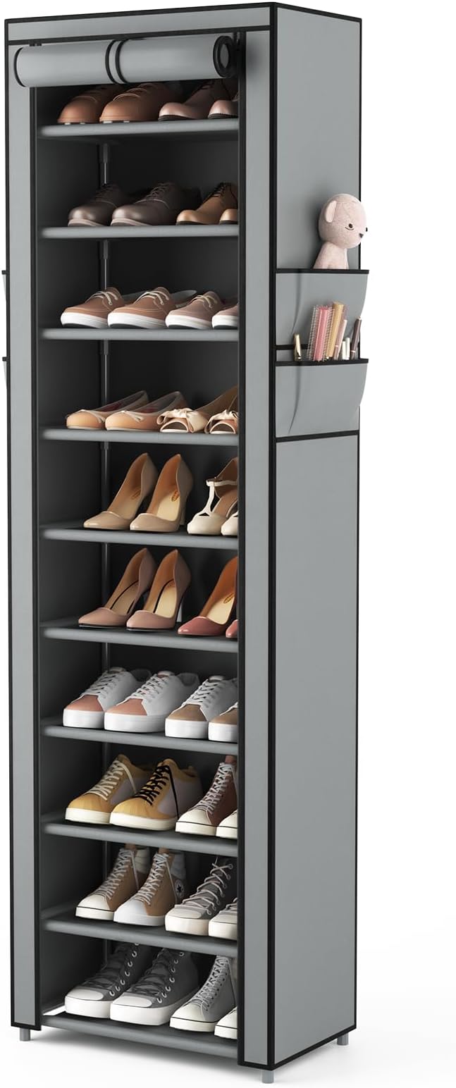 VTRIN Vertical Narrow Shoe Rack Organizer Tall Shoe Rack for Closet Entryway 10 Tier Non-Woven Cover Shoe Shelf Holds 20-22 P
