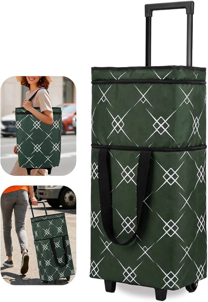 Foldable Rolling Bag, Portable Small Shopping Cart with Wheels, Collapsible Shopping Tote with Stylish Pattern for Market & Grocery Runs–Gift for Women & Seniors, Pro L, greengrid